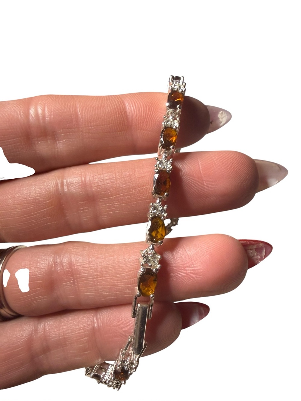 Vintage Avon Amber Rhinestone Tennis Bracelet Silver Tone Marquise Crystal - Picture 3 of 5